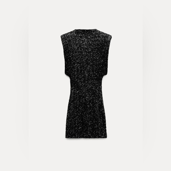 ZARA ~ ✨BLOGGERS FAV ✨ SEQUIN Mini DRESS with SHOULDER PADS in Black - Picture 2 of 16
